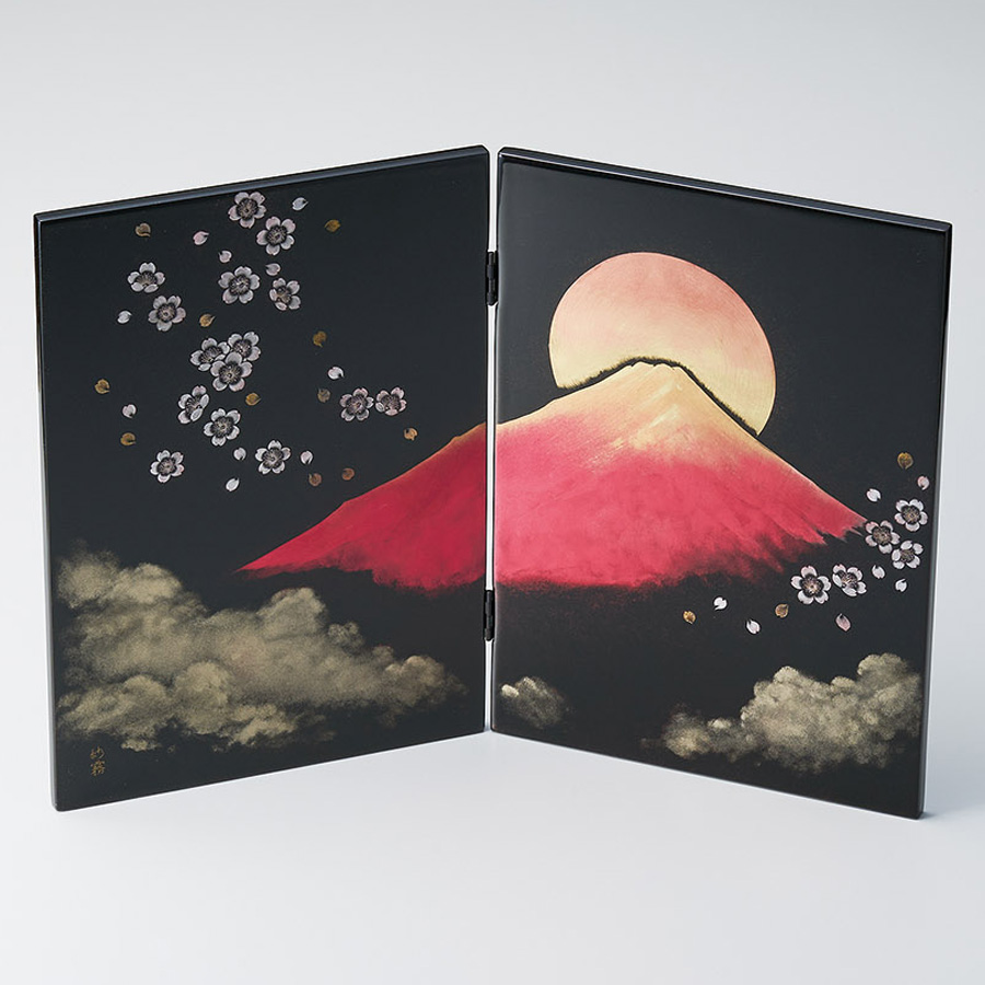 二枚屏風 沈金日の出赤富士 黒 木製 漆塗り 漆器の井助