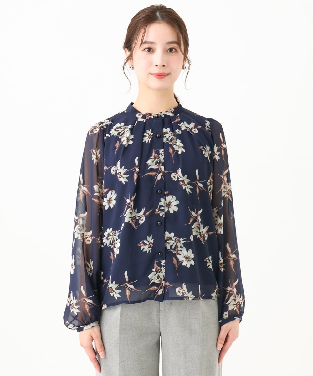 小さいサイズ】花柄フロント釦シフォンブラウス/洗える(ブラウス