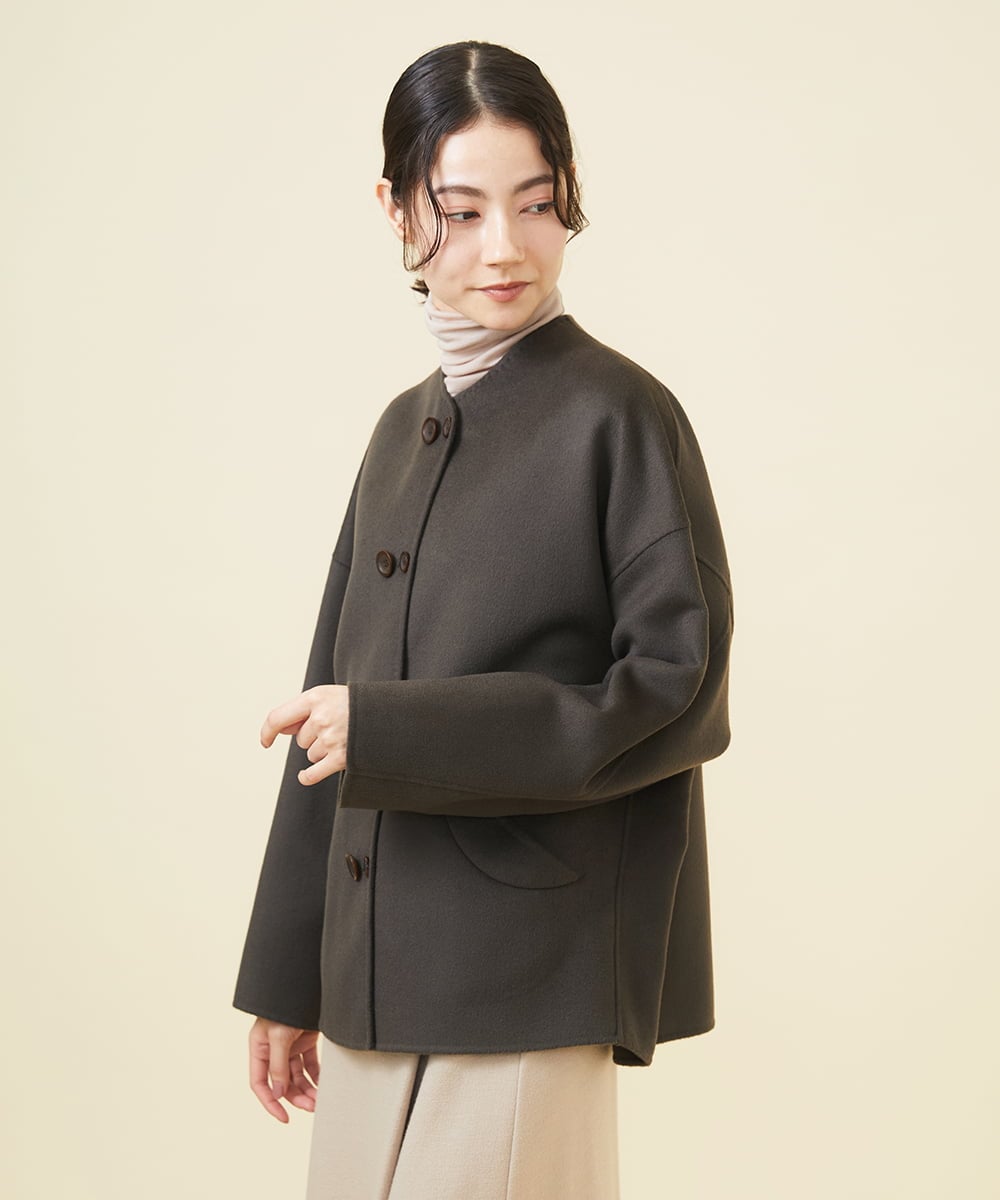 WINTER BLUE】ダブルボタンショートリバーコート(ノーカラーコート