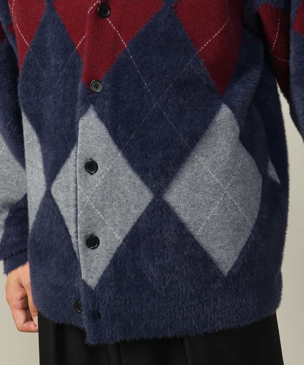 肌触りなめらか】アーガイル柄シャギーニットカーディガン(厚手