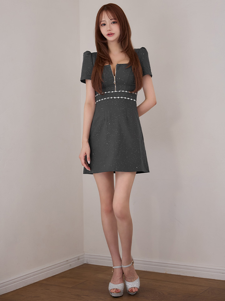 送料無料！スクエアネックフロントジップワンピースミニドレス/キャバ