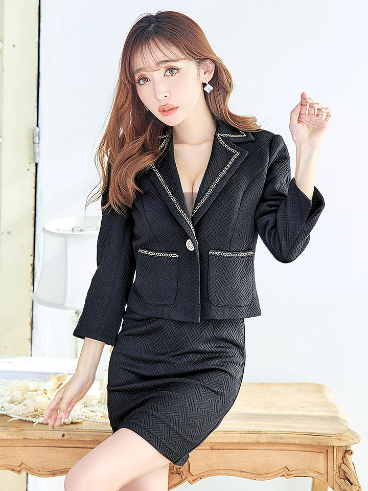 SALE!ジャケット2ピースドレス/チェーン/ポケット/谷間見せ/背中隠し