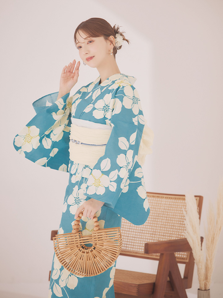 即日発送】浅葱色花柄浴衣 【浴衣3点セット 浴衣/帯/下駄】[OF04