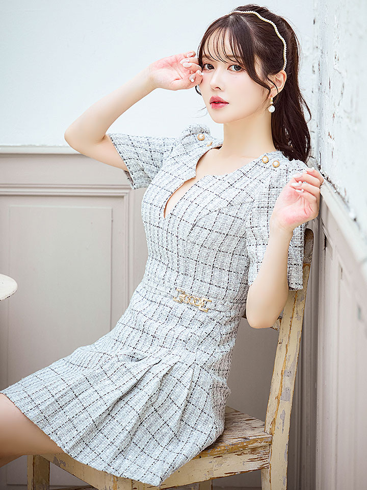 ツイードワンピースドレス/チェック柄/デザインバックル/Aライン/谷間