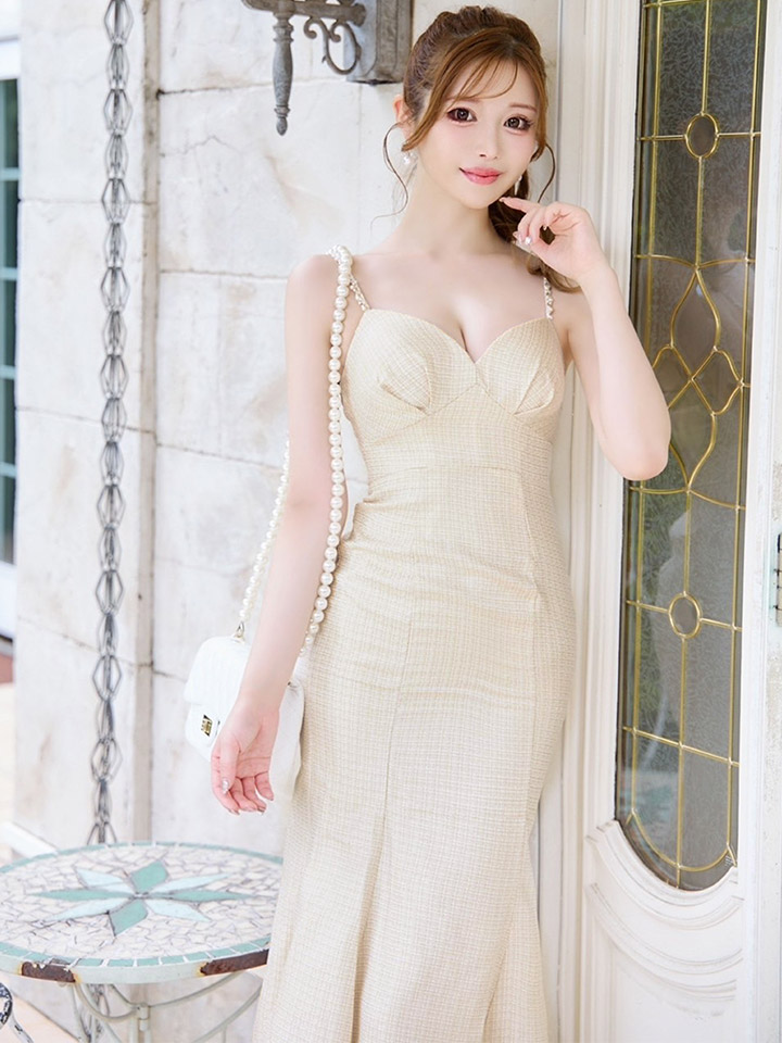 SALE!ロングキャミマーメイドドレス/ツイード/パール/谷間見せ/背中