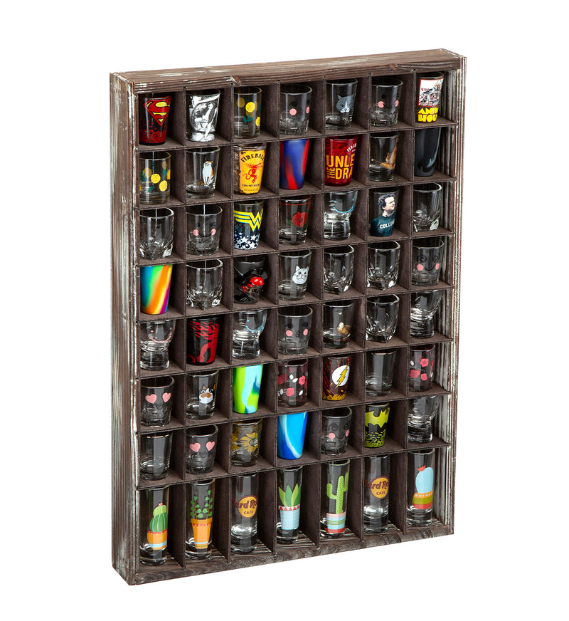 Rustic Wood Shot Glasses Display Case (56 Compartments) – J