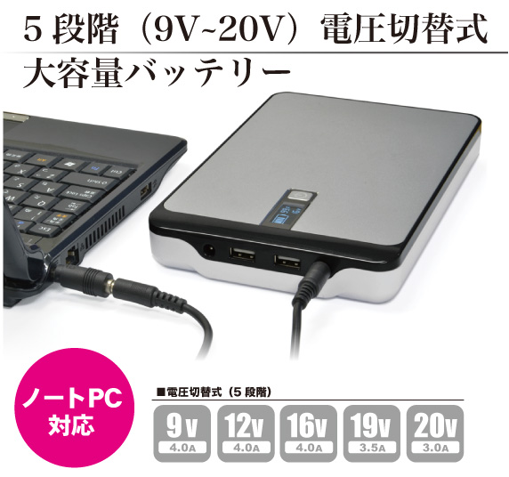 ノートPCの充電も安心、クラス最大級の大容量バッテリー