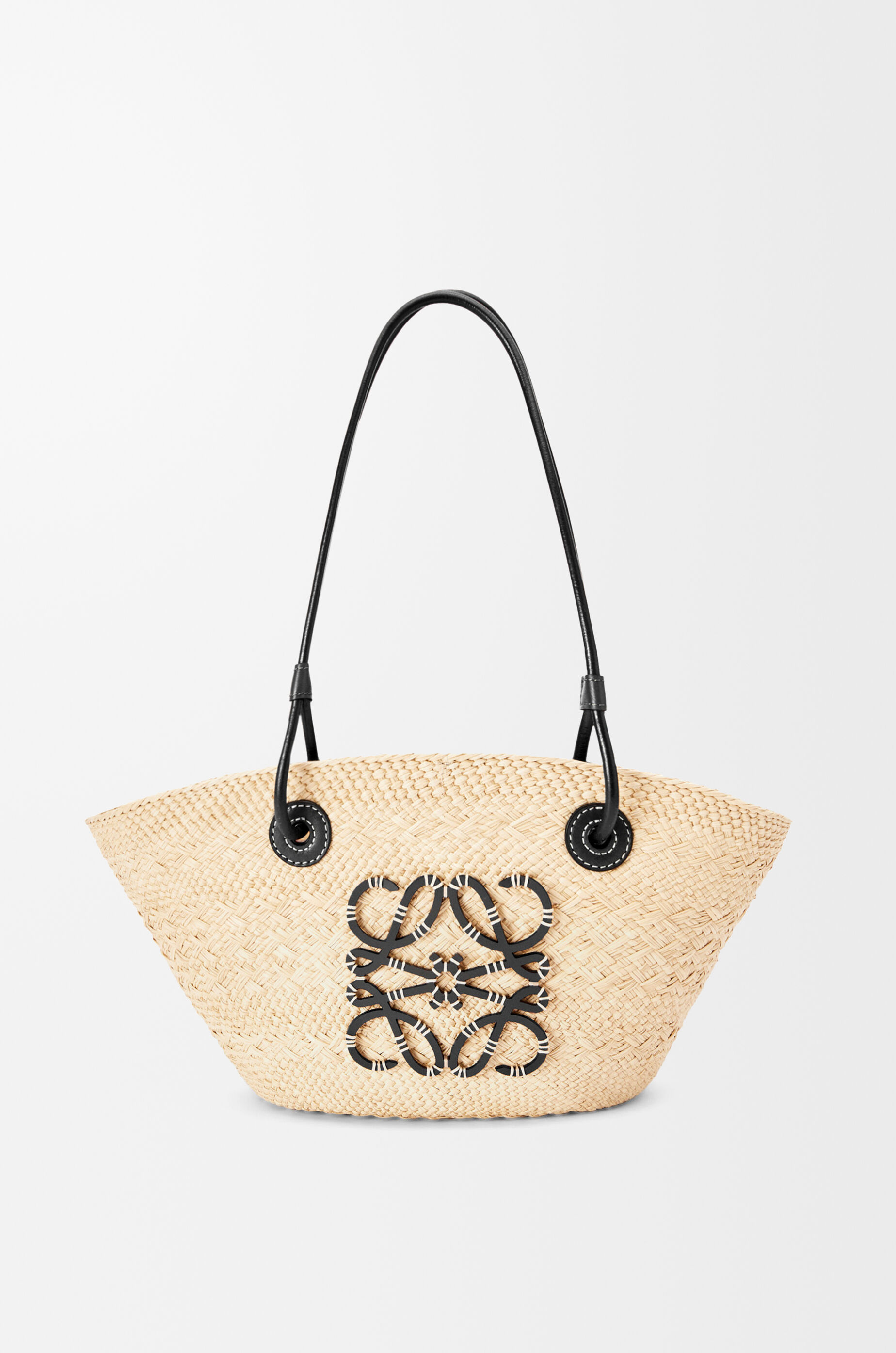 Small Anagram Basket bag in iraca palm and calfskin Beige - LOEWE