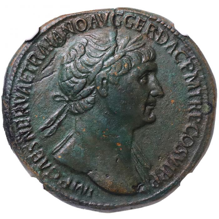 古代ローマ AD98-117年 トラヤヌス セステルティウス 大型銅貨 NGC Ch
