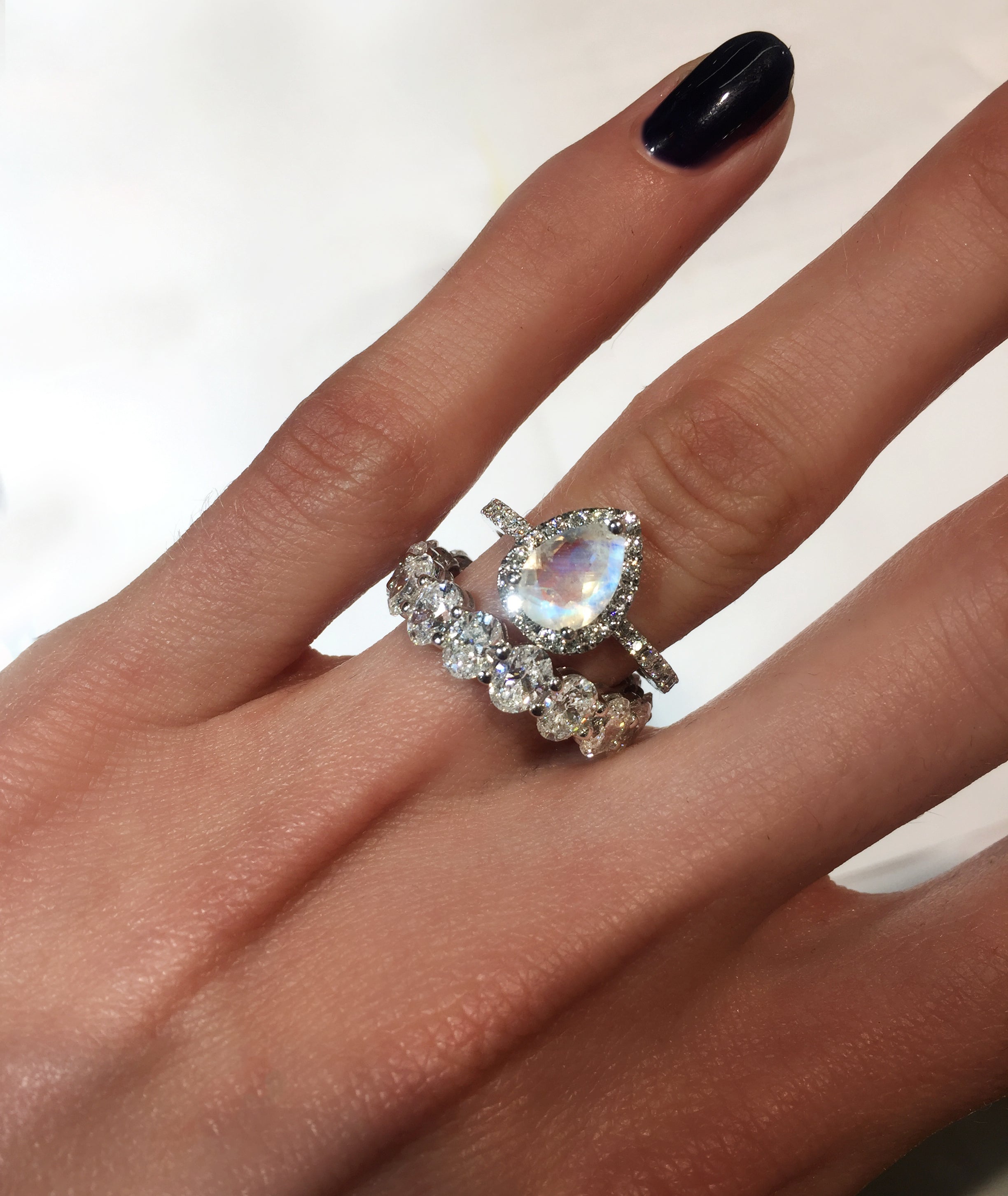 14kt gold and diamond large single band teardrop moonstone ring