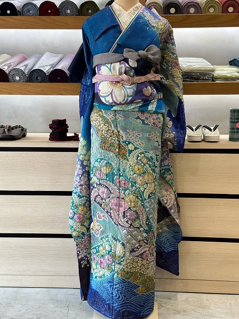 幻の花 辻が花染手描き友禅 豪華な絞り振袖 青 〈フルオーダーお仕立て