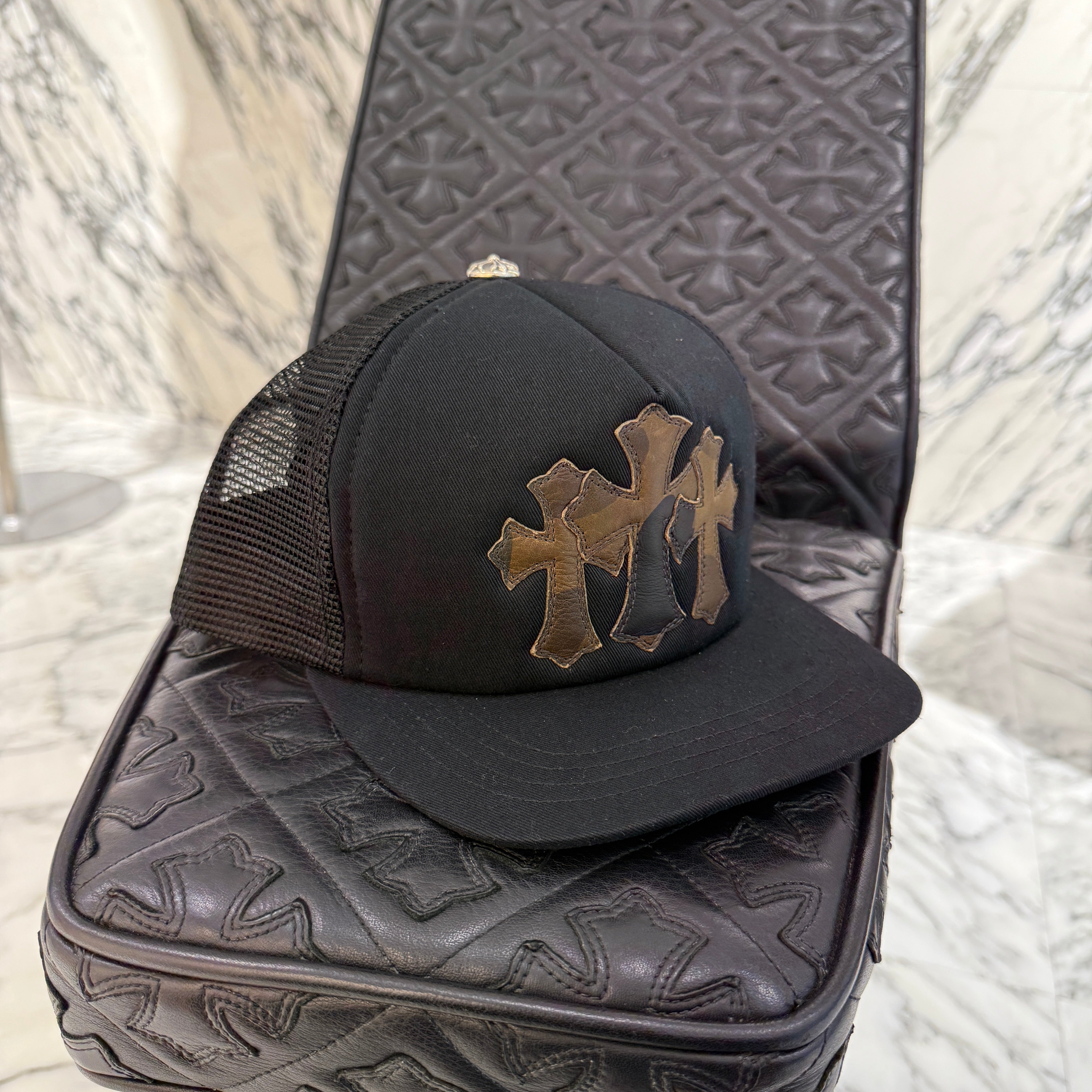 CHROME HEARTS Camo Triple Cross Leather Patch Trucker Cap ONE SIZE