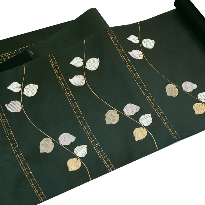 老舗機屋 安田呉遊謹製 西陣織九寸名古屋帯【リーフ】 [241020-ko-10