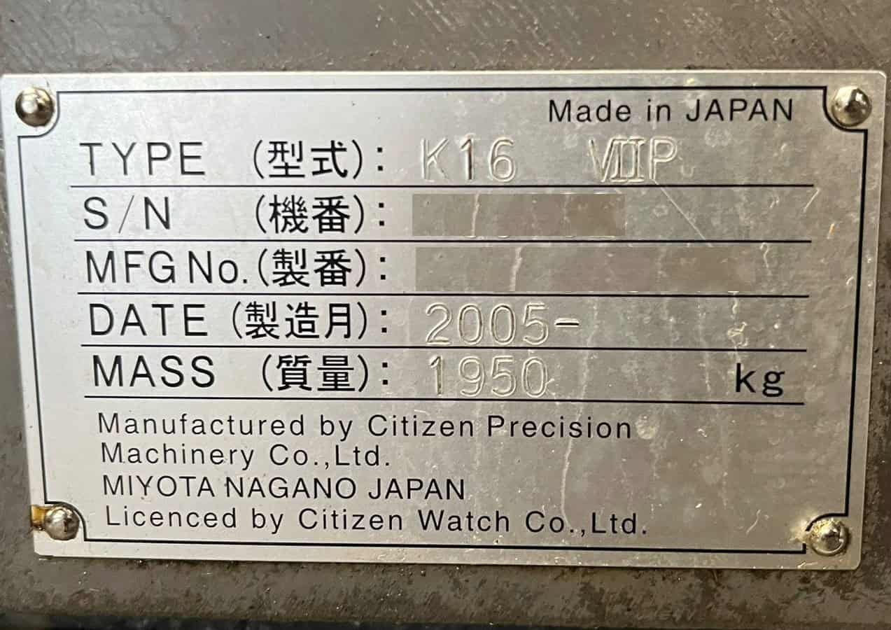 Used Citizen Cincom K16 VIIP CNC Swiss Type Automatic Lathe For Sale