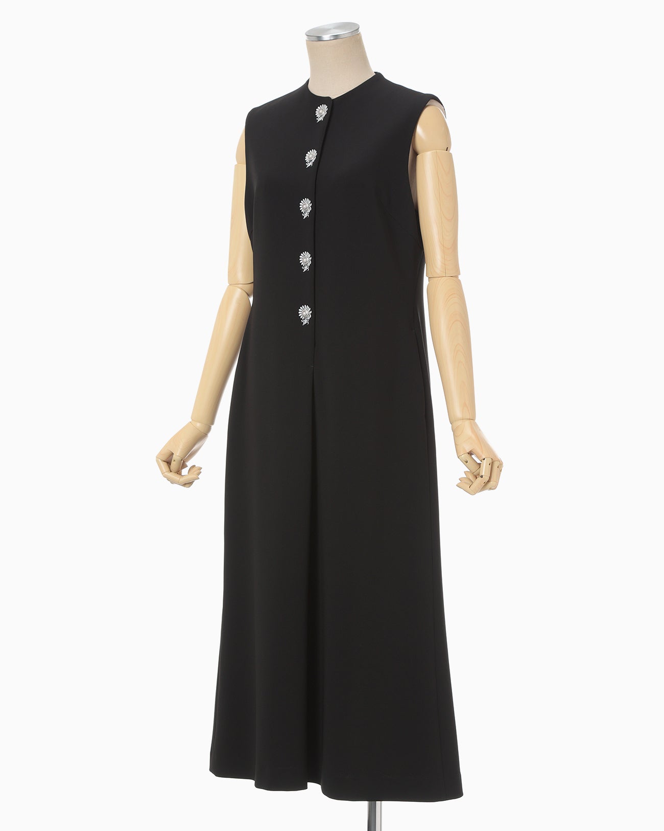 Acetate Polyester Embroidered Buttonholes Sleeveless Dress - black