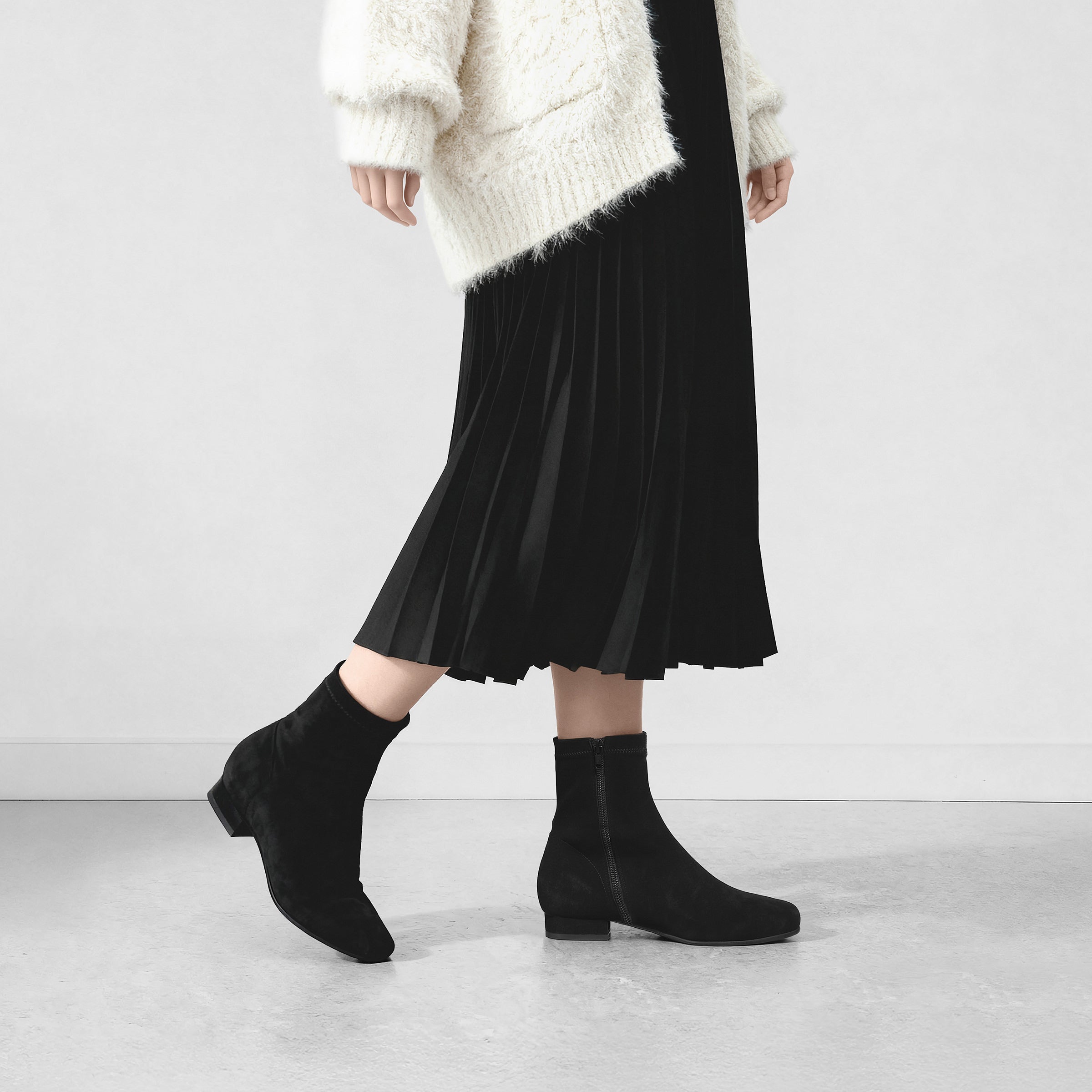 60%OFF：スクエアトゥ ストレッチフラットブーツ（3376）ブラックS