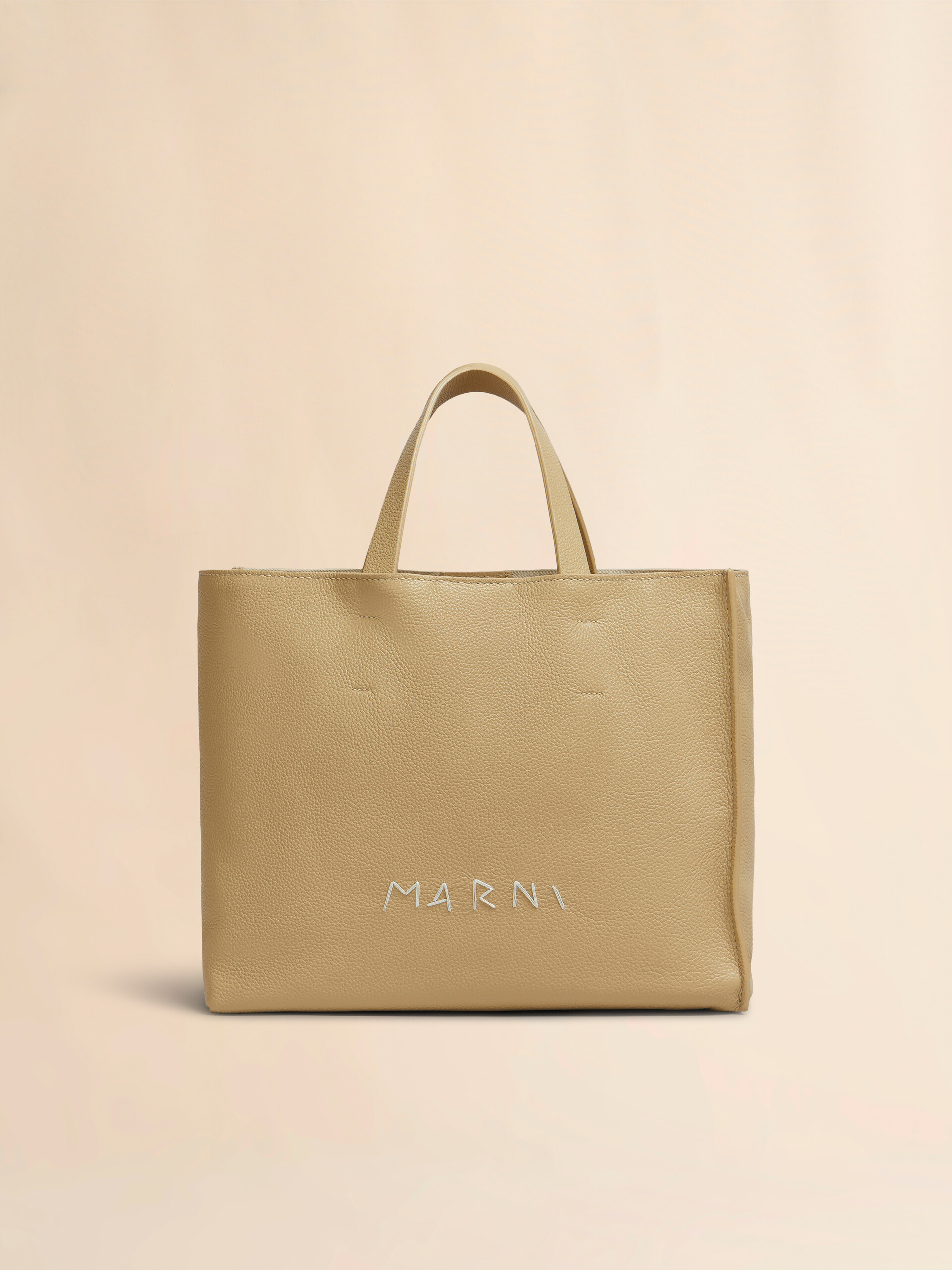 Beige leather Museo Soft tote bag with Marni Mending | Marni