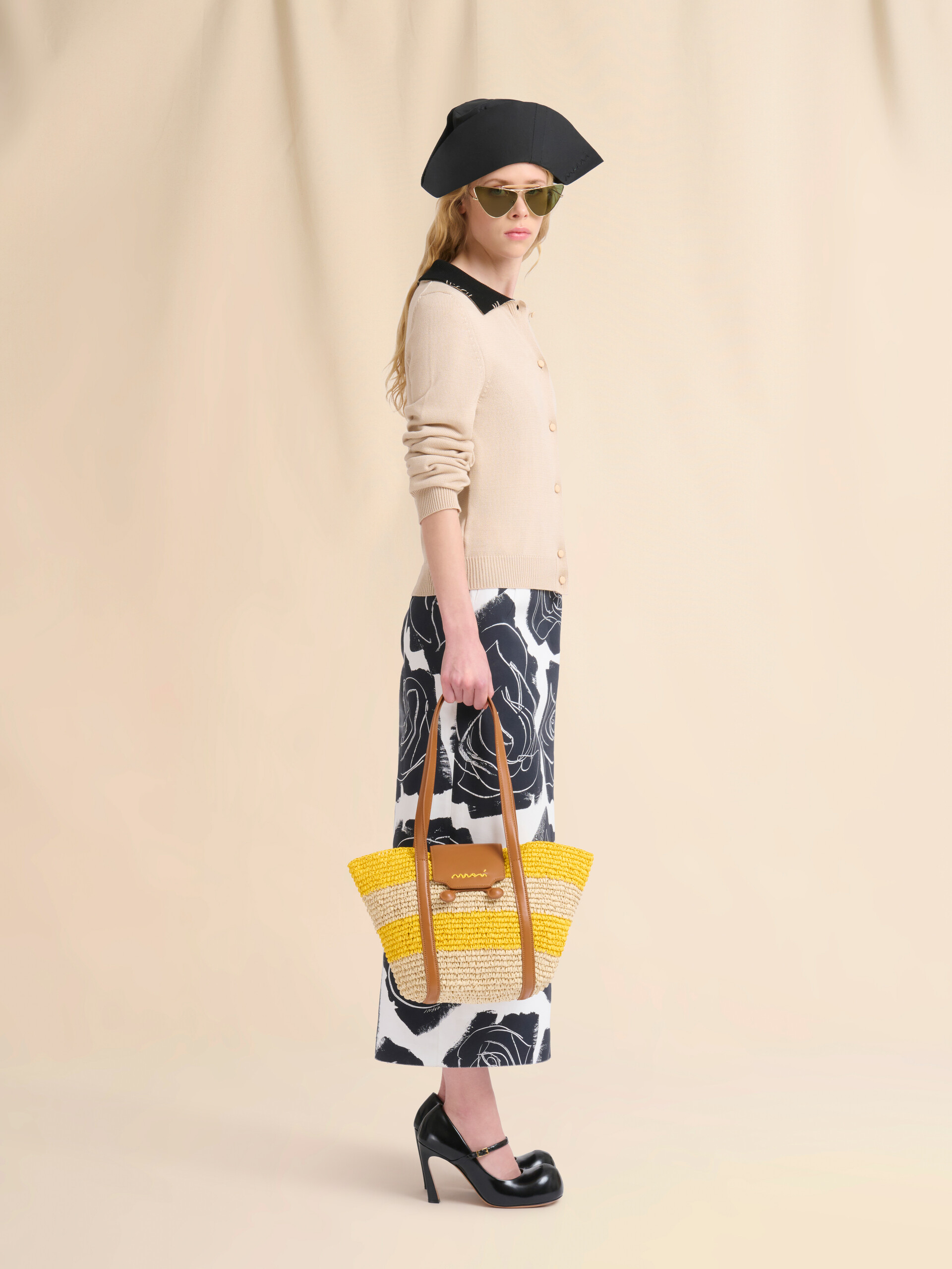 Small yellow stripe raffia-effect Trunkaroo beach bag | Marni
