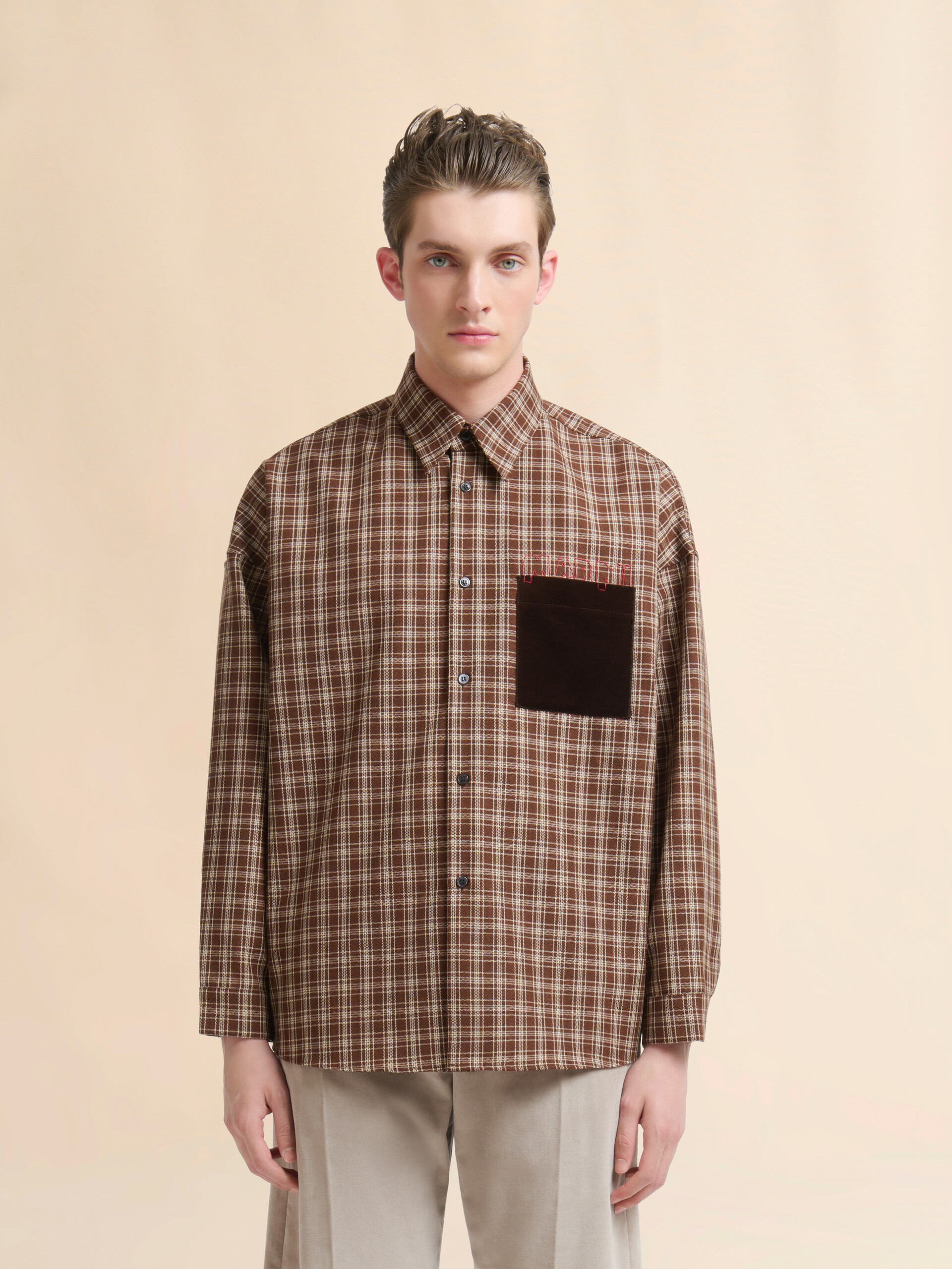 ブラウン ウールシャツ マルニメンディングロゴ入り | Marni