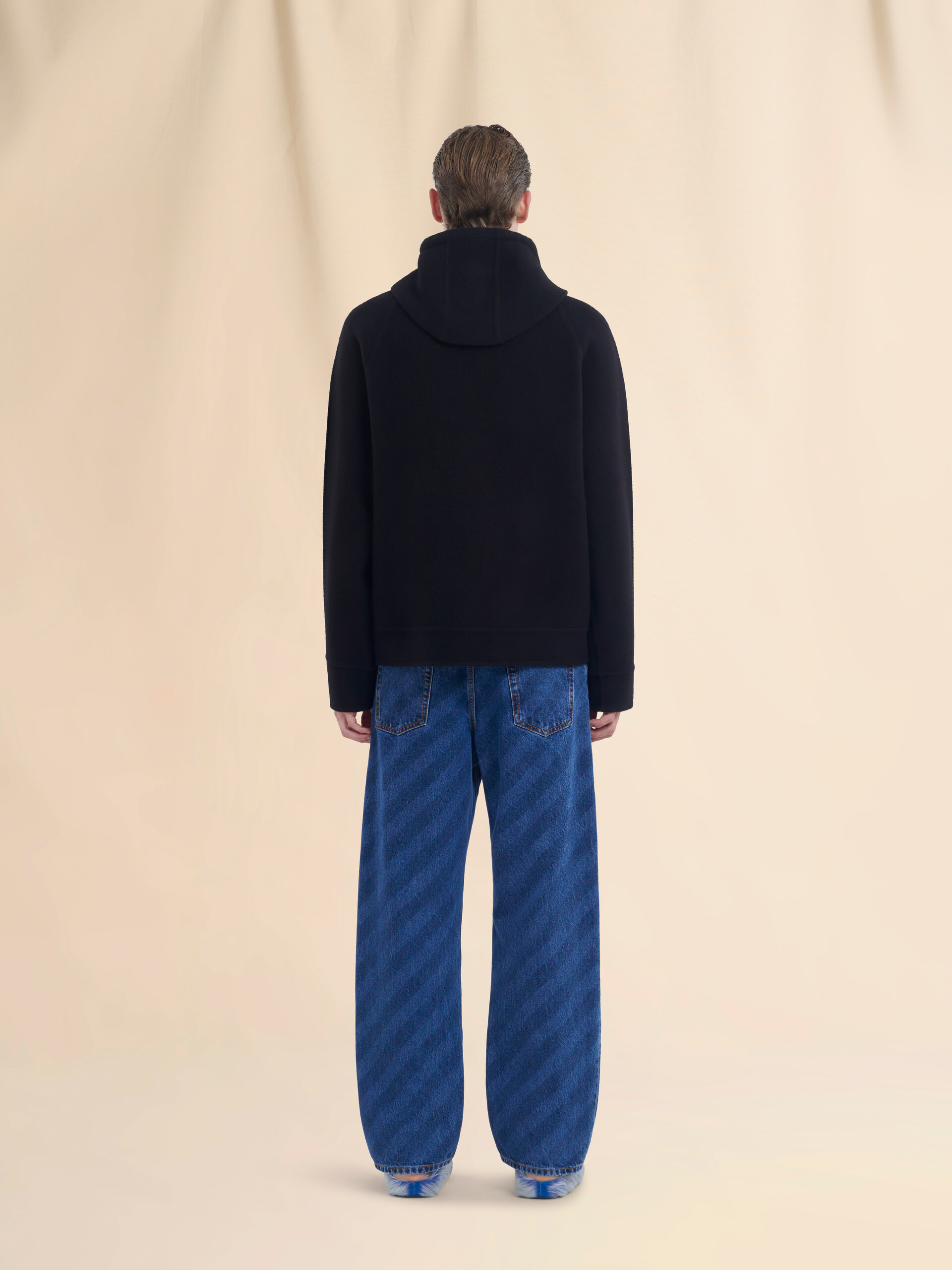 ブラック ウール＆カシミアフード付きジャケット、マルニシンボル入り