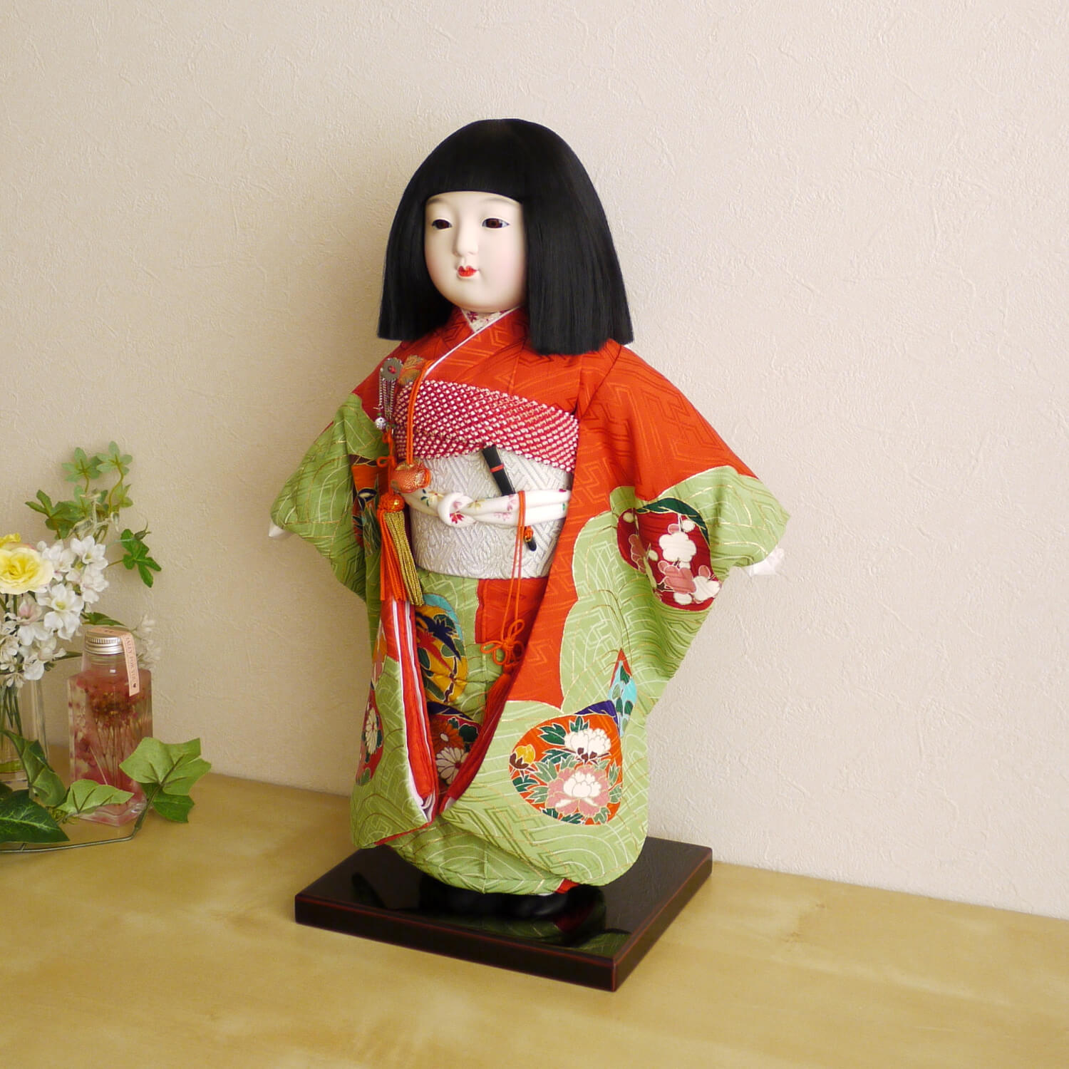 元賀章介作 12号(尺二)正絹手描 青海に貝合わせ 赤色 手塗本漆塗台