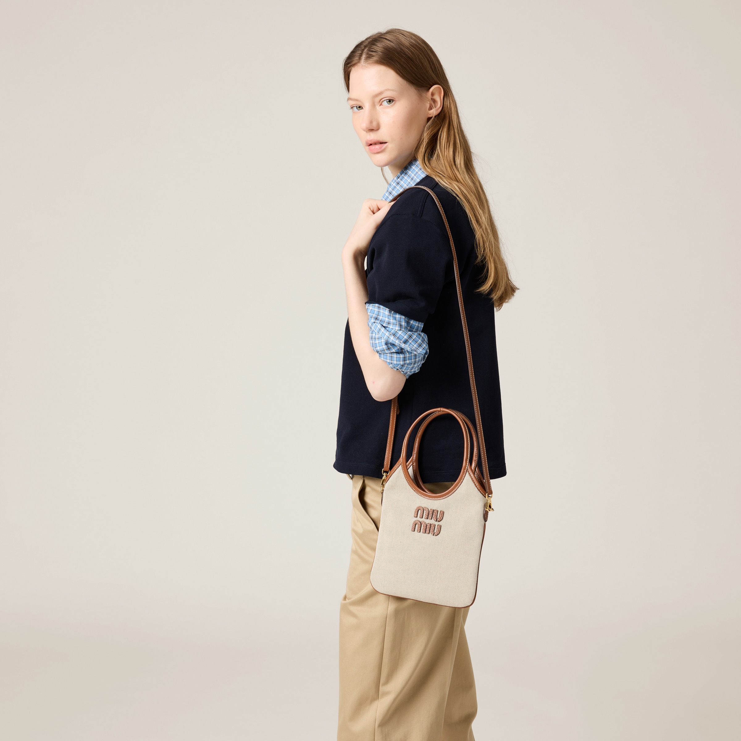 Beige/brandy Ivy Canvas And Leather Bag | Miu Miu