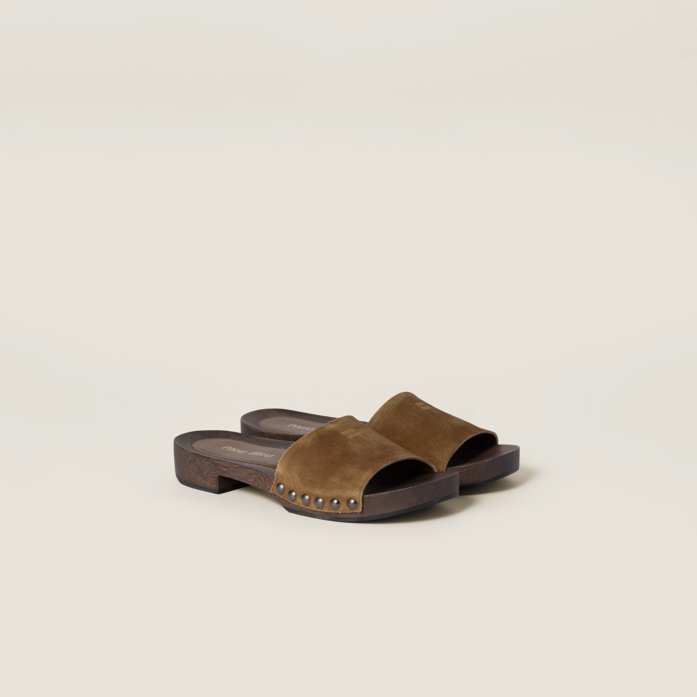 Beige/brandy Canvas And Leather Clogs | Miu Miu