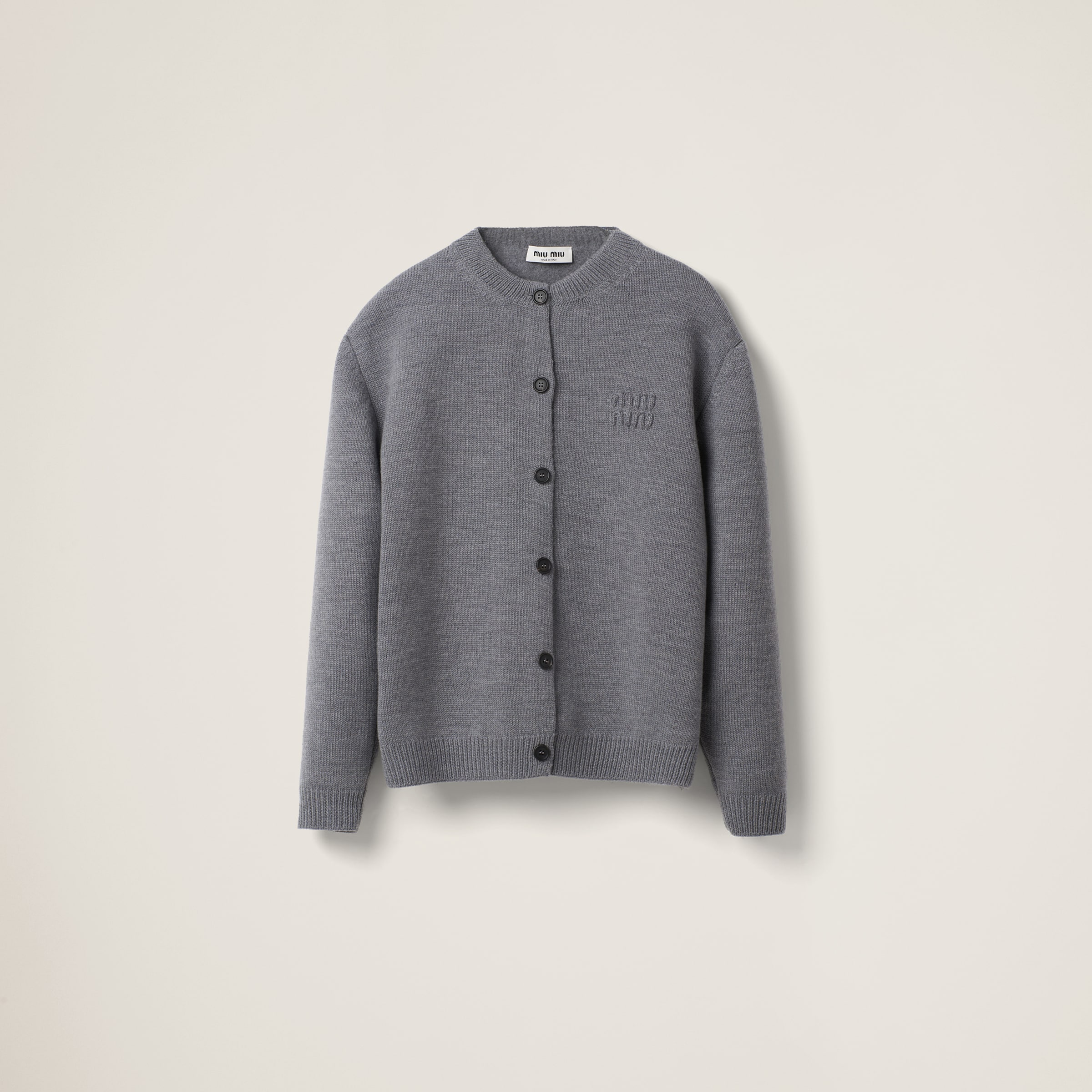 Miu Miu Wool And Nylon Knit Cardigan In Grey | ModeSens