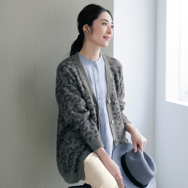 ひょう柄ジャカードシャギーニットカーディガン | 京都通販ミセスの