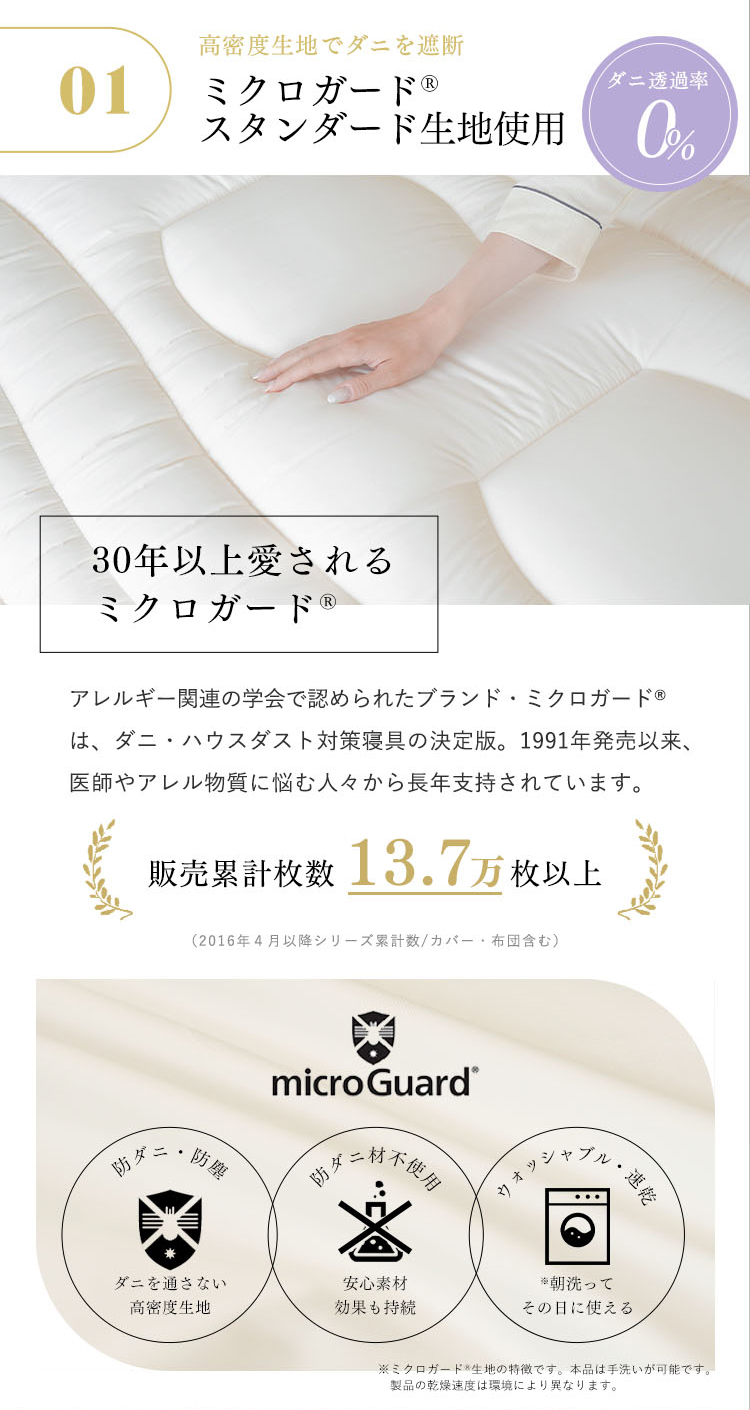ミクロガード🄬スタンダード 軽量体圧分散 防ダニ3層敷布団ダニ