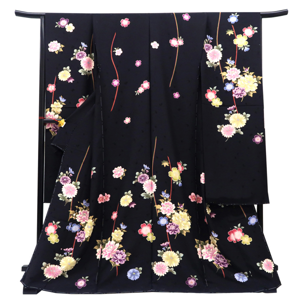 オンラインカタログ]振袖 黒 古典柄 牡丹 菊 よろけ縞 正絹 成人式