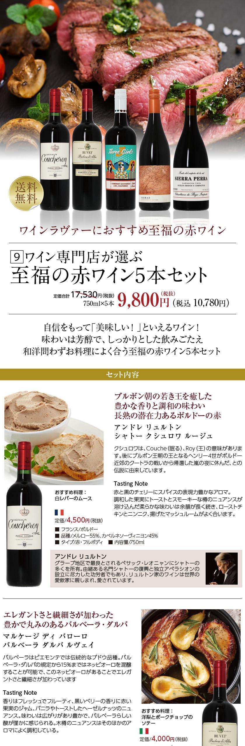 送料無料 【9】専門店が選ぶ 至福の赤ワイン 5本セット 第21弾 750ml×5