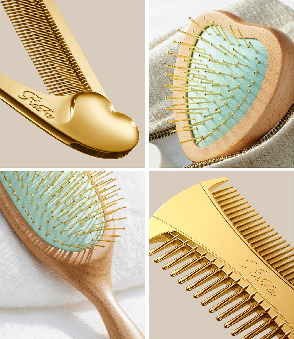 ゴールドコーティングを贅沢に施したヘアブラシとコームを4点セットに