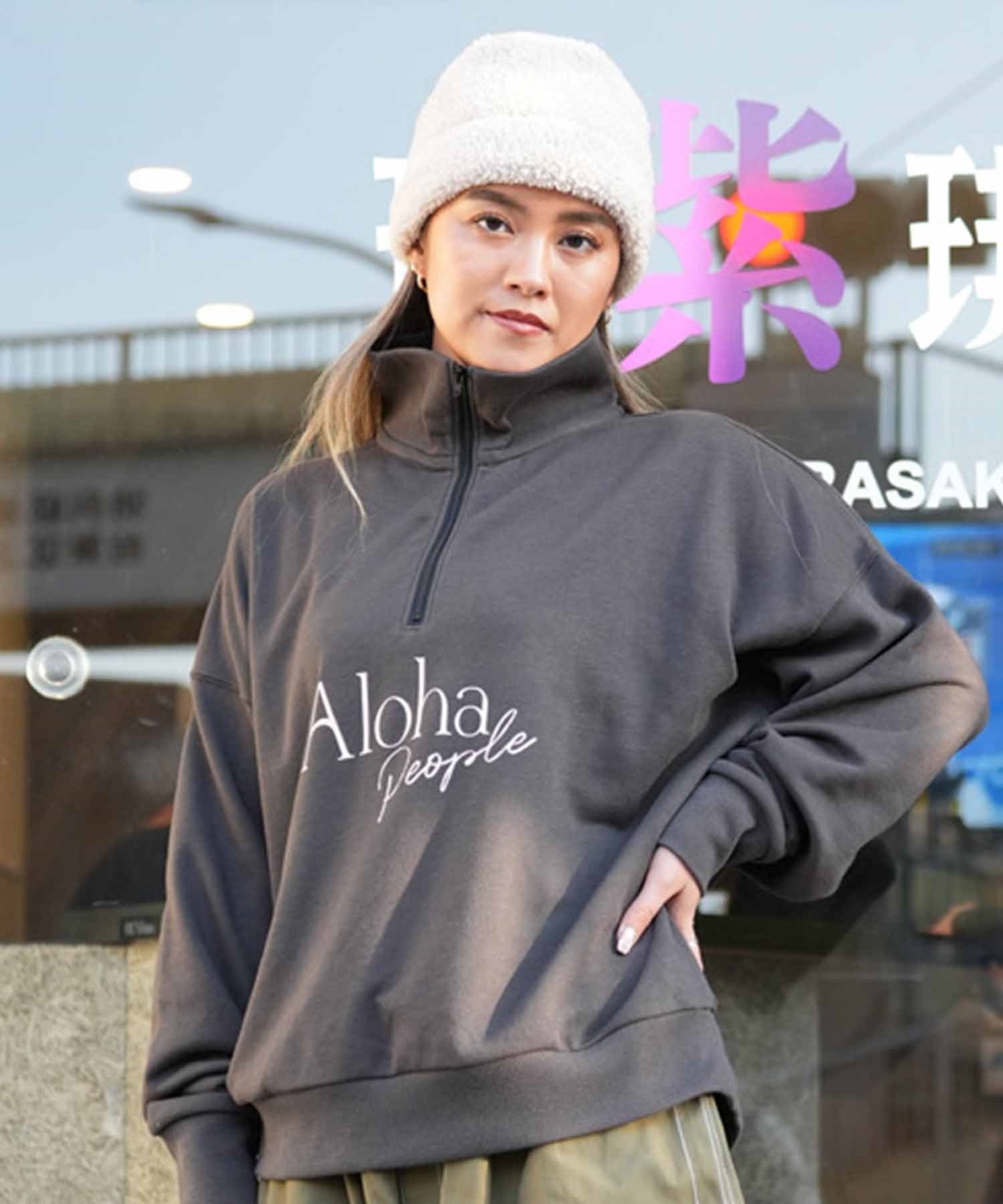 ALOHA PEOPLE/アロハピープル レディース トレーナー ハーフジップ