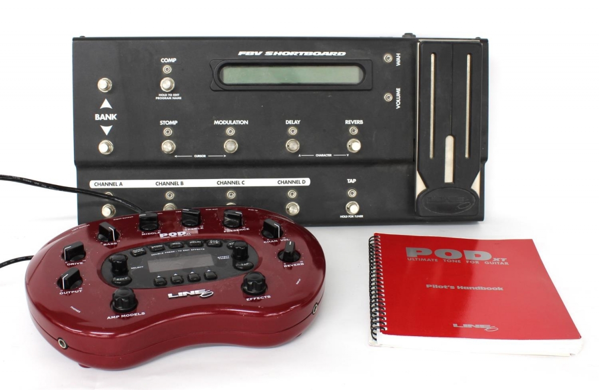 Line 6 Pod XT guitar unit with FBV shortboard pedal board, power