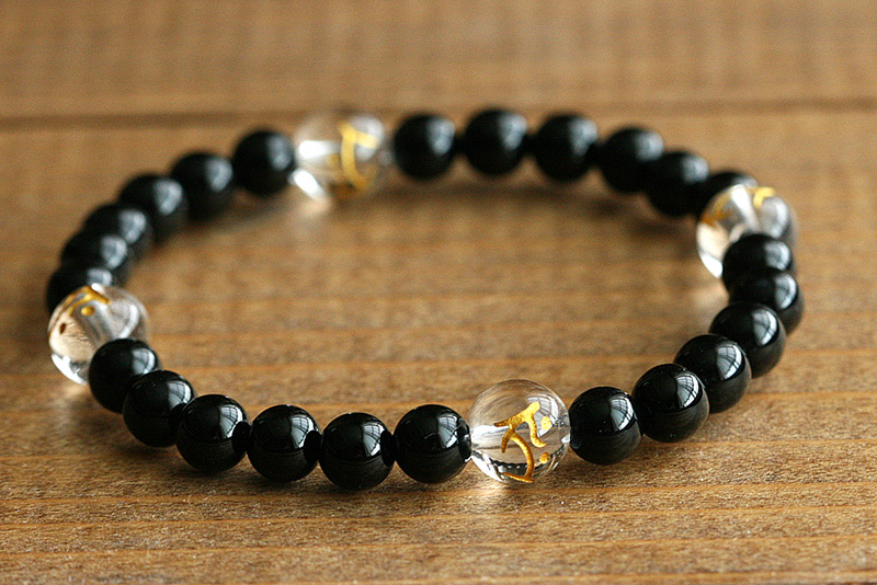 梵字（水晶）パワーストーンブレスレット（オニキス6ミリ玉＋梵字8ミリ