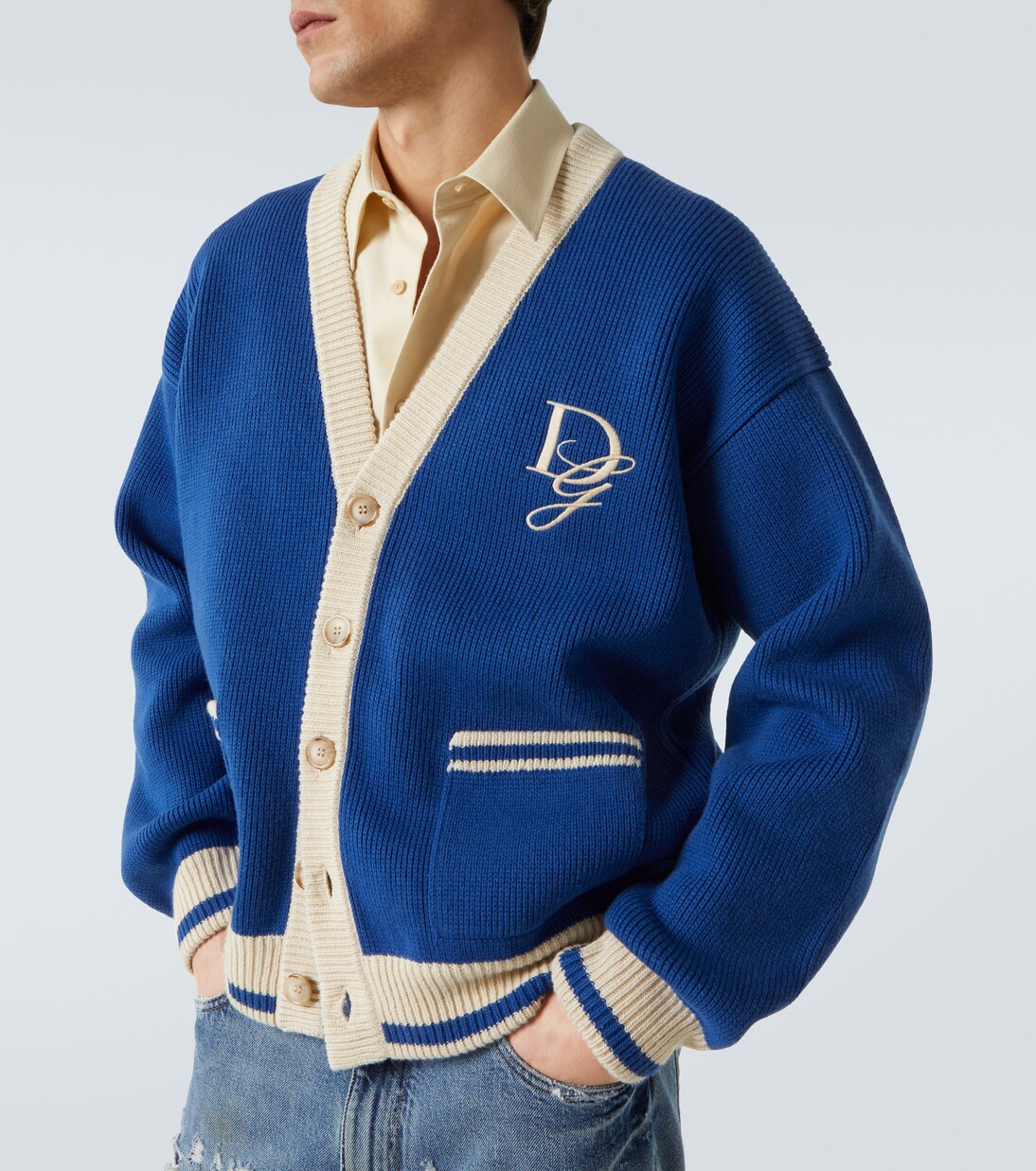 Embroidered virgin wool cardigan in blue - Dolce Gabbana | Mytheresa