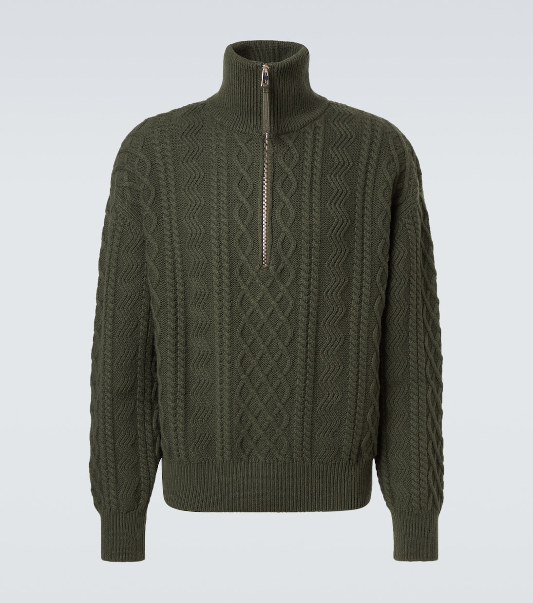 Aran-knit wool half-zip turtleneck sweater in green - Loewe