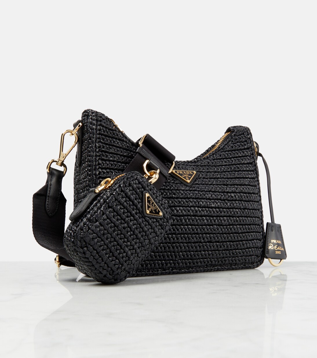Small crochet raffia shoulder bag in black - Prada | Mytheresa