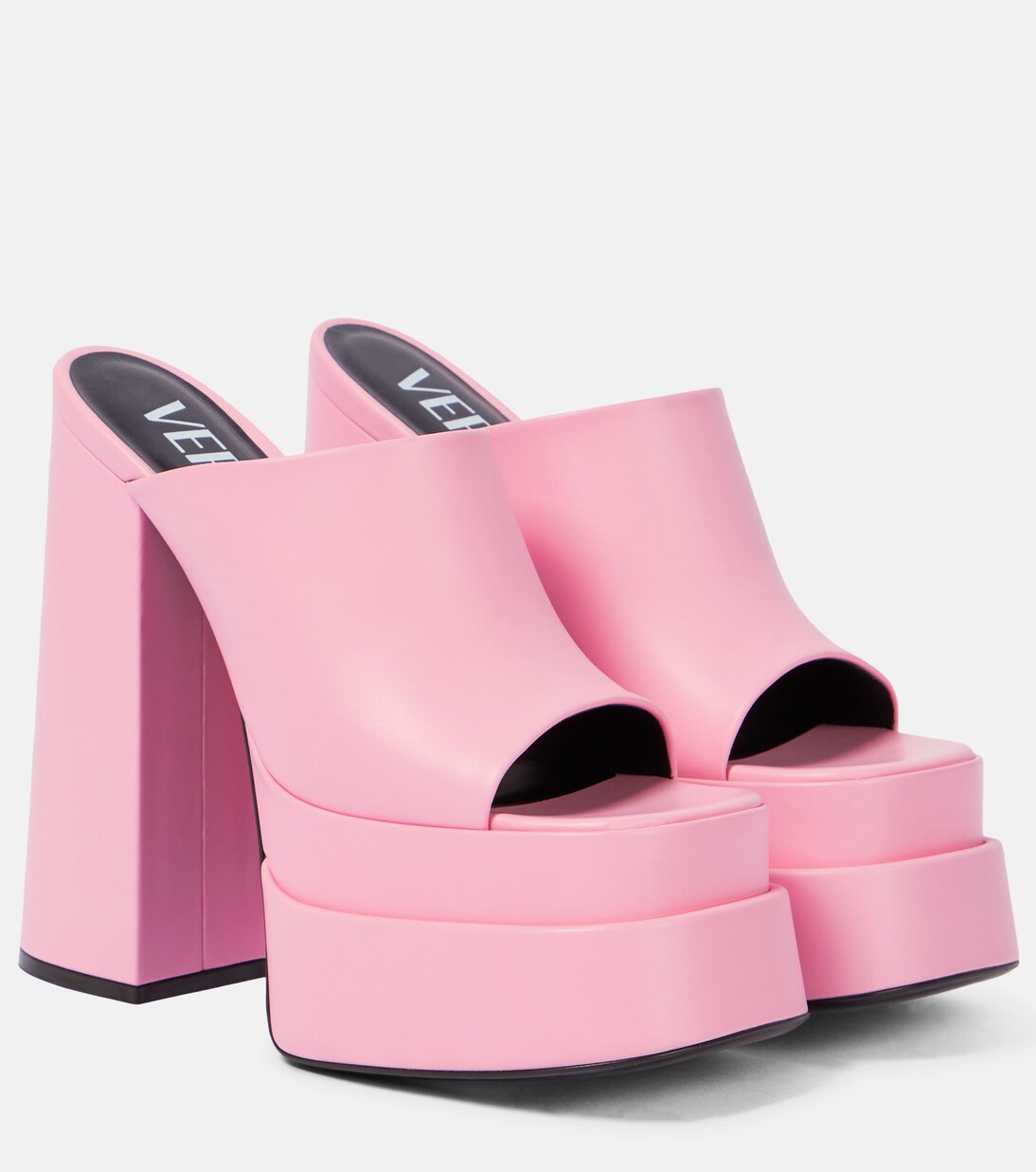 Leather peep-toe platform sandals in pink - Versace | Mytheresa