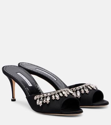 Tulimu 70 embellished satin mules in black - Manolo Blahnik