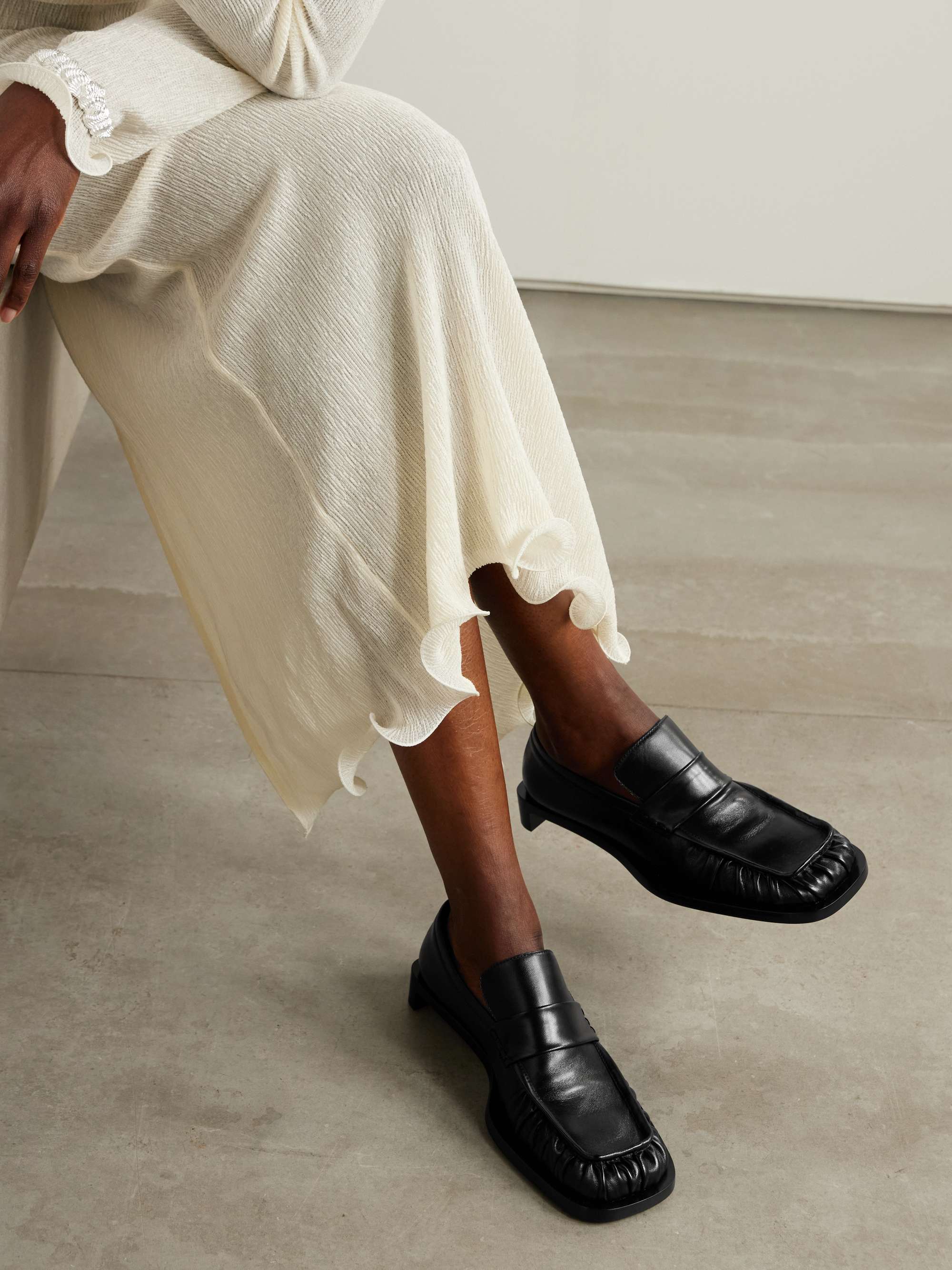 JIL SANDER Ruched crinkled-leather penny loafers | NET-A-PORTER