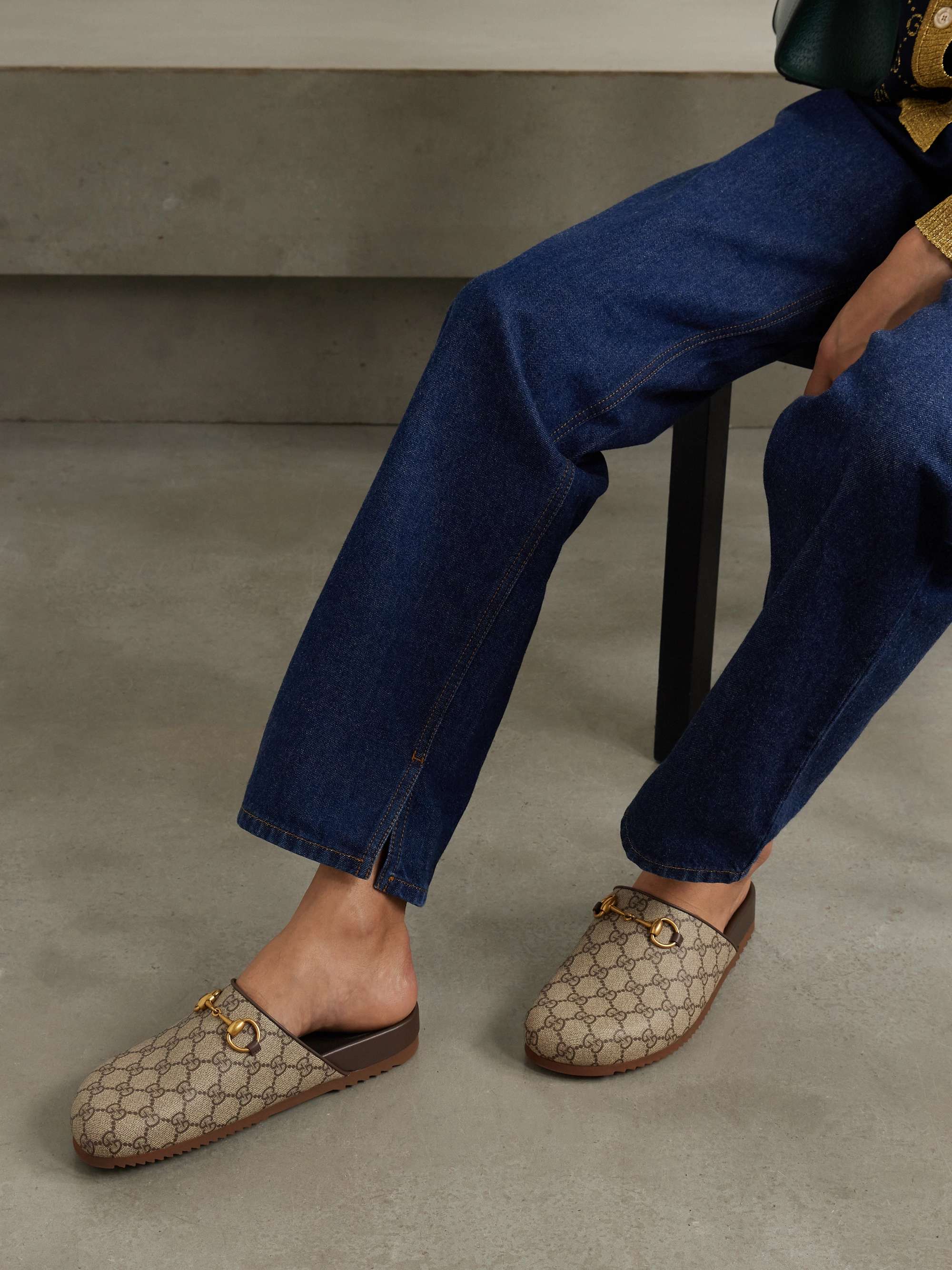 GUCCI Sol embellished leather-trimmed canvas-jacquard slippers