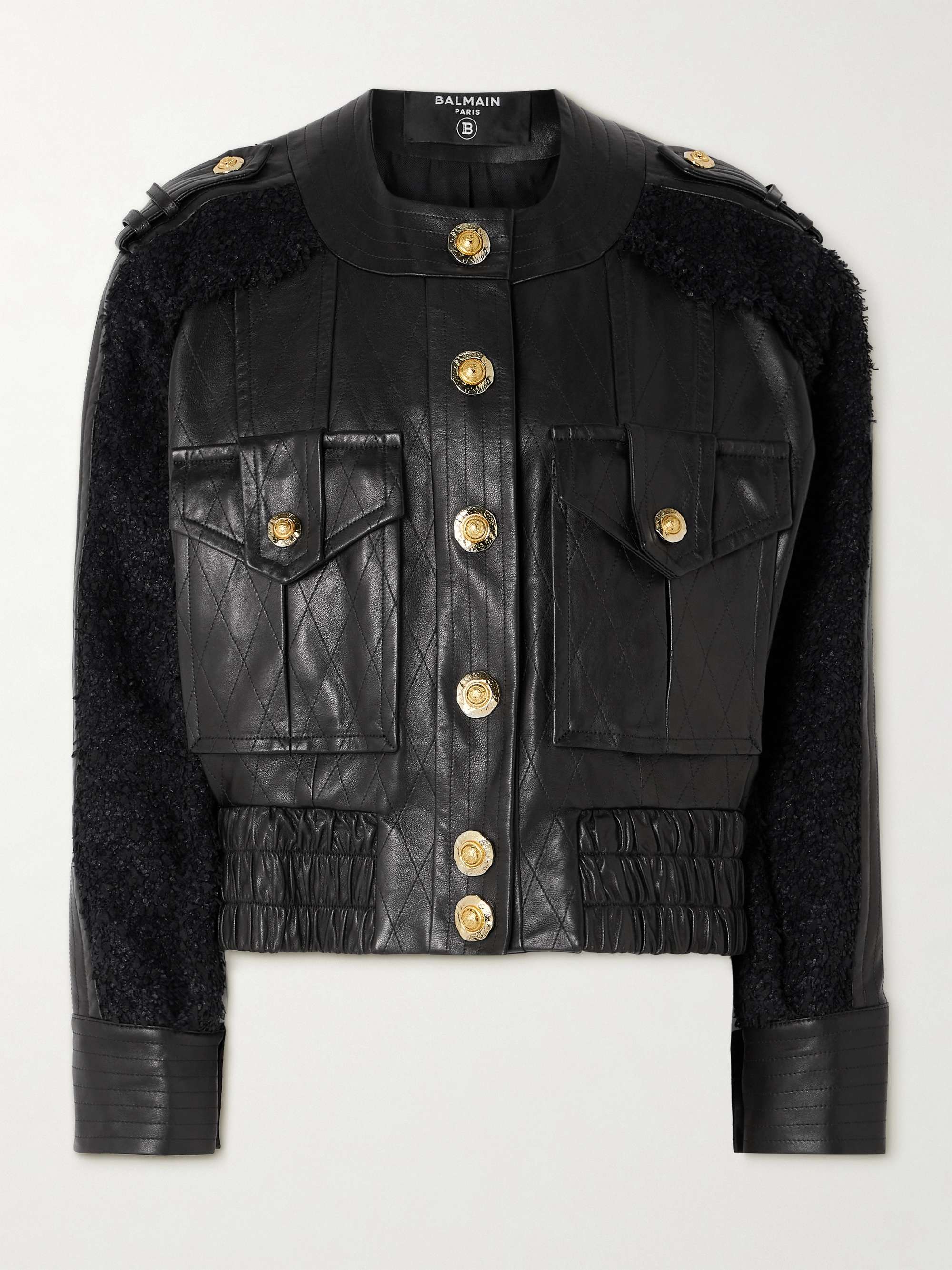BALMAIN Quilted leather and tweed bomber jacket | NET-A-PORTER