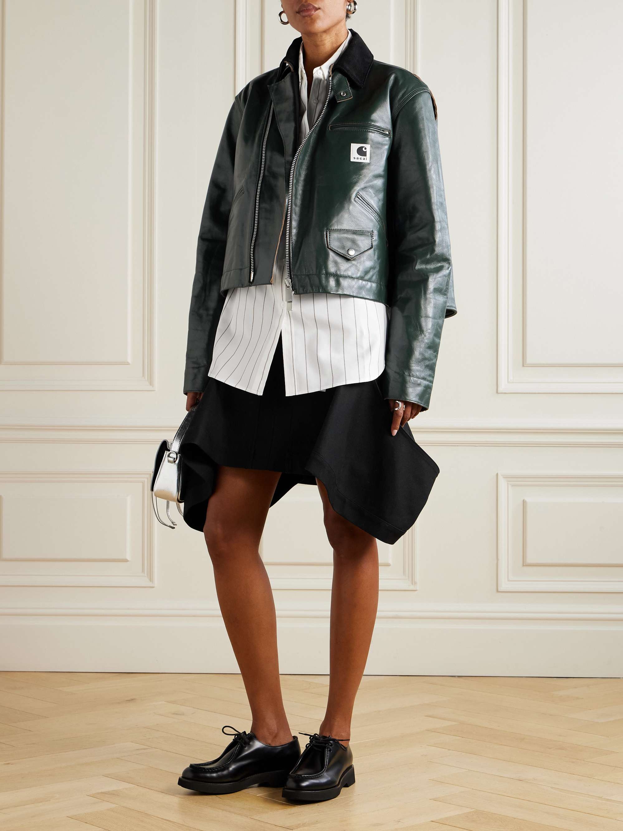 SACAI + Carhartt WIP cotton corduroy-trimmed leather biker jacket