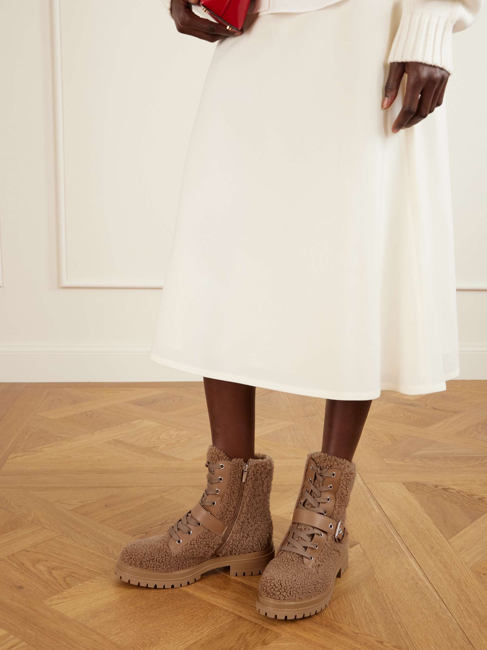 GIANVITO ROSSI 20 buckled leather-trimmed shearling ankle boots