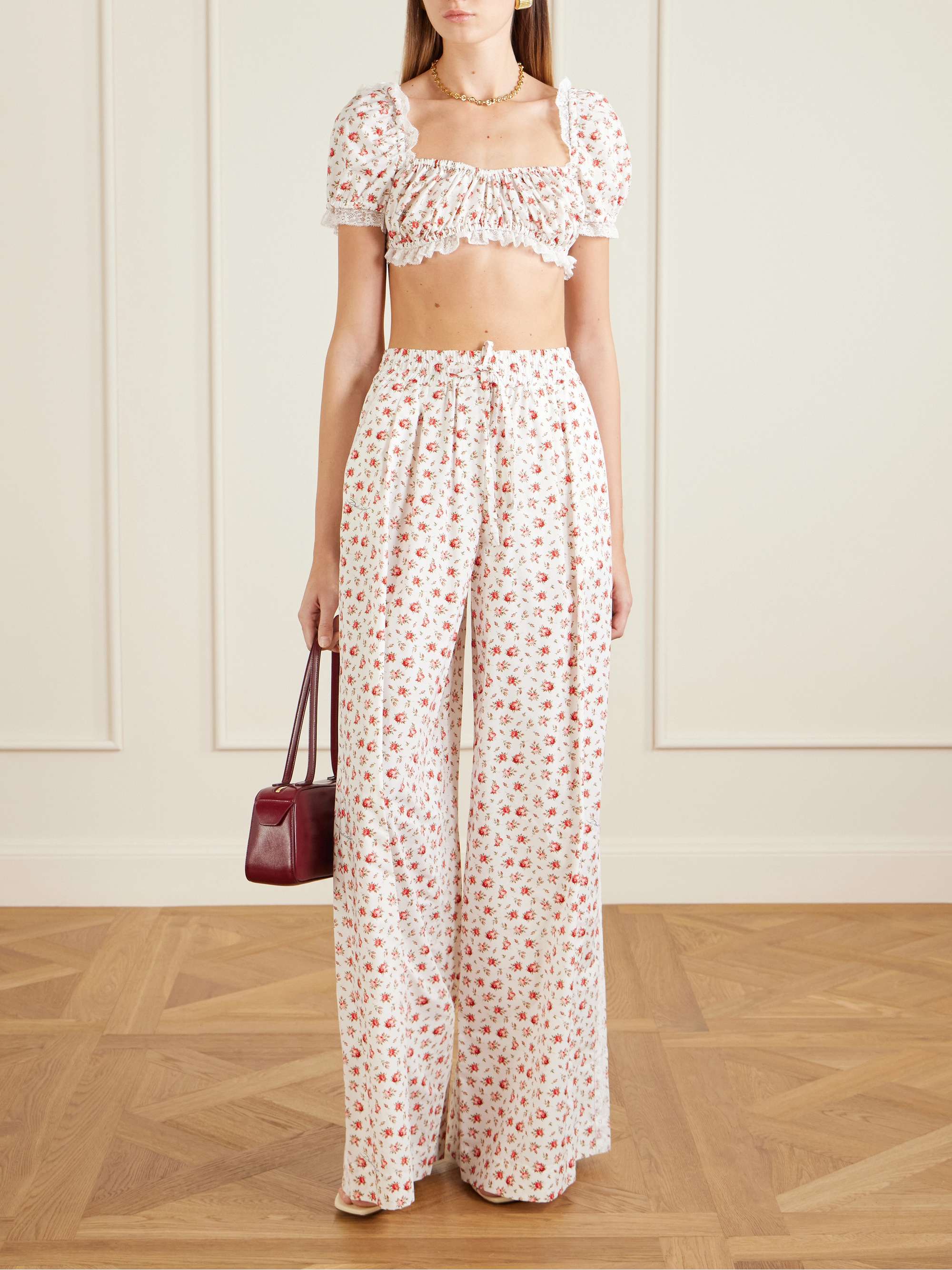 DOLCE&GABBANA Cropped printed lace-trimmed cotton-blend poplin top