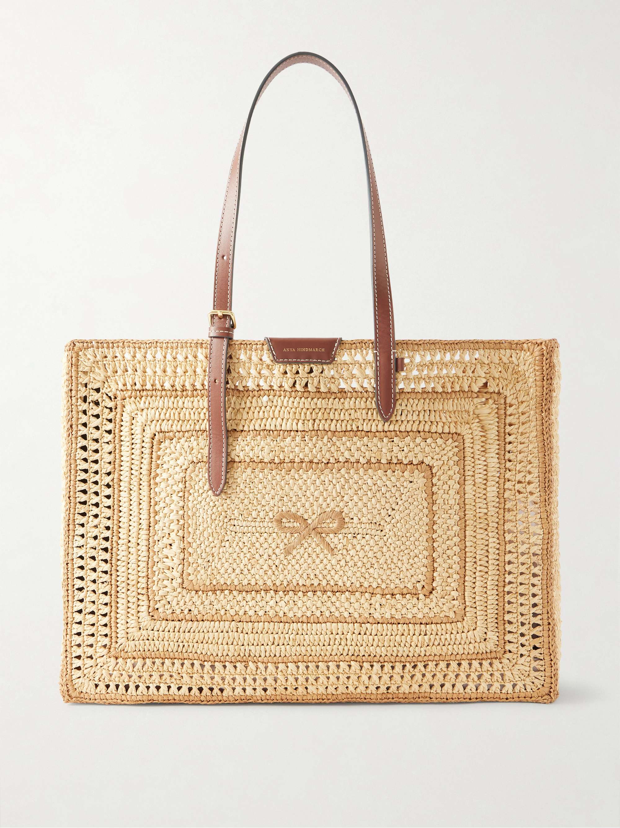 ANYA HINDMARCH Bow leather-trimmed raffia tote | NET-A-PORTER