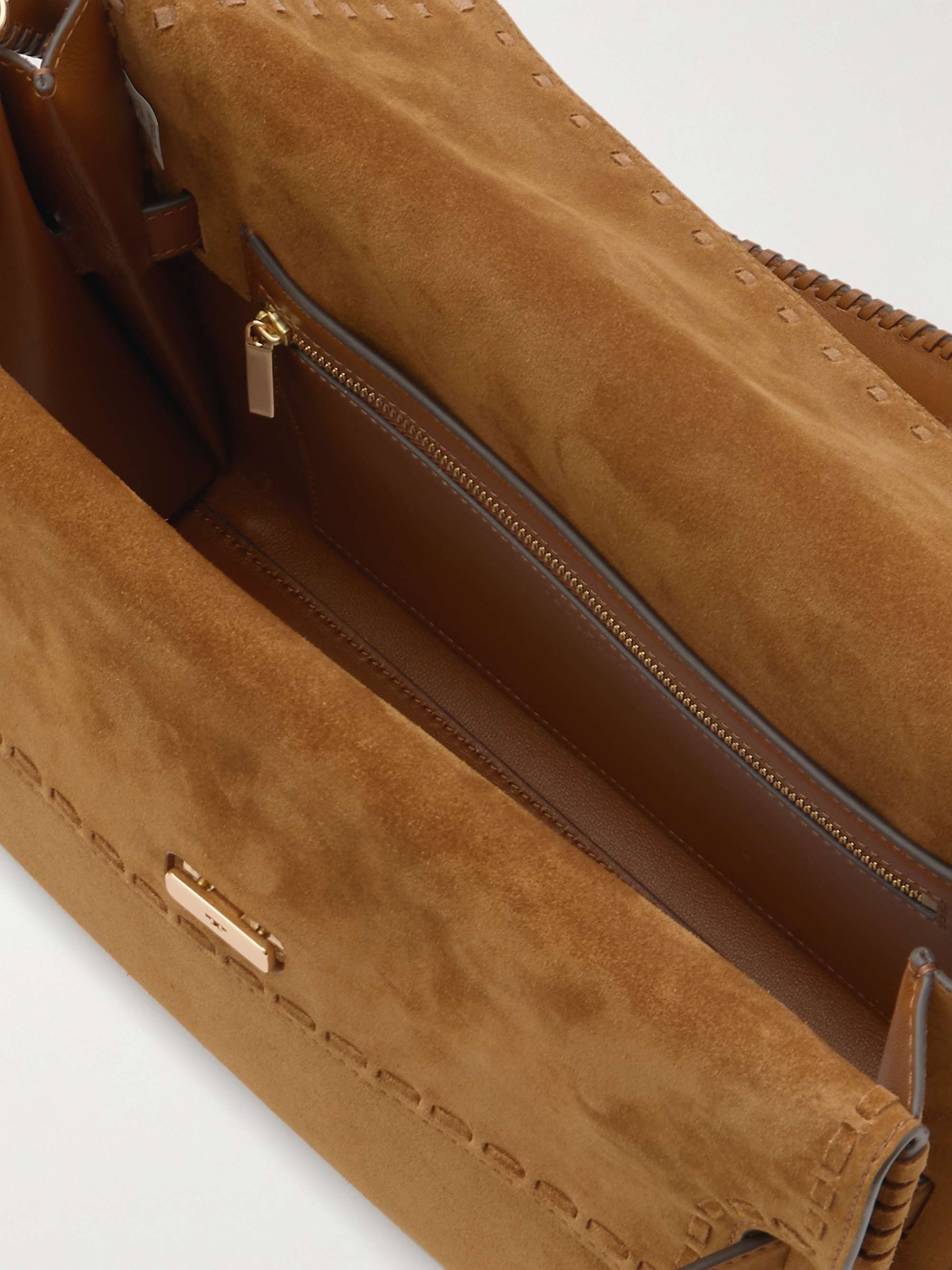 TORY BURCH Lee Radziwill large leather-trimmed whipstitched suede