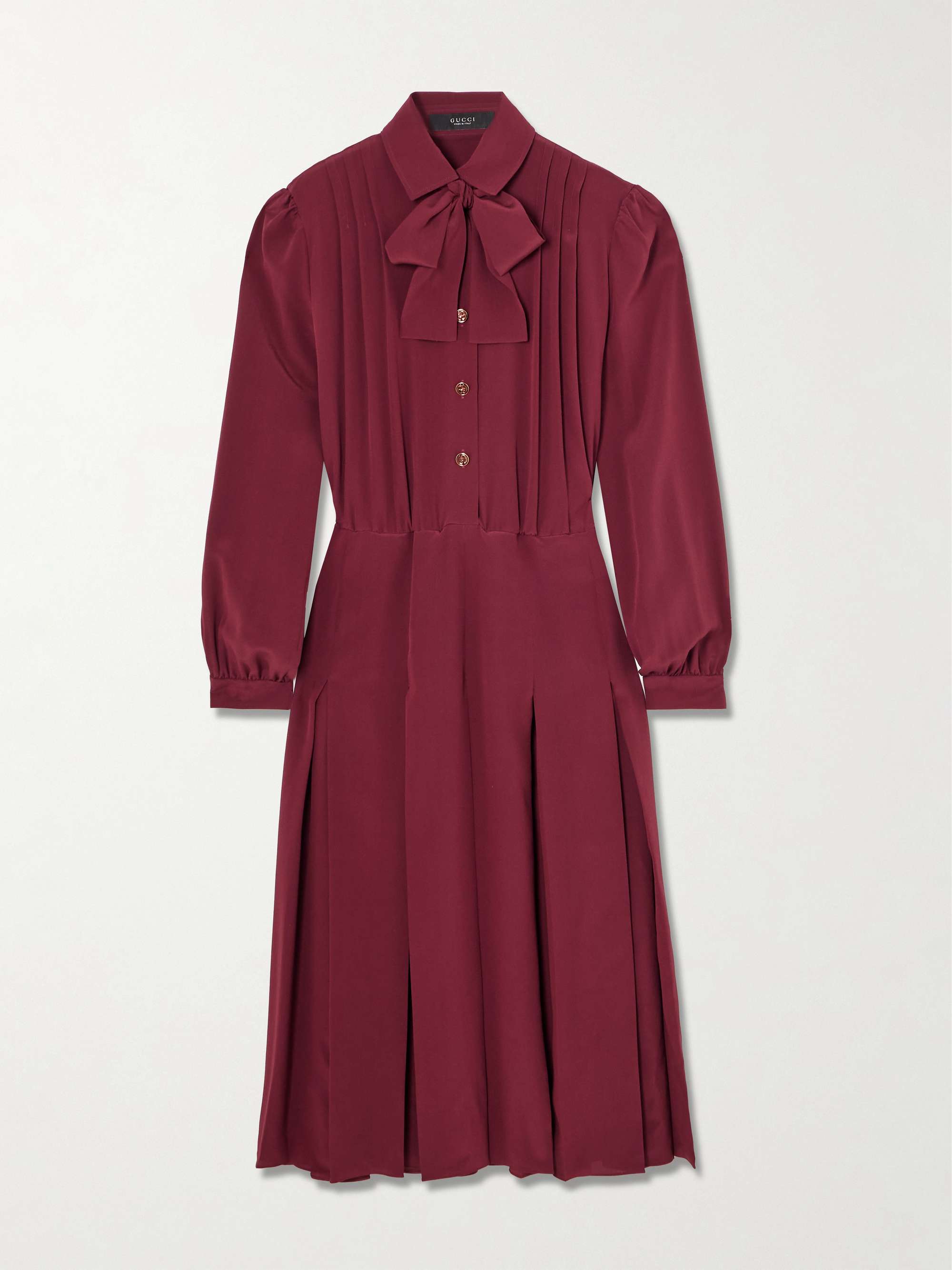 GUCCI Pintucked bow-detailed silk crepe de chine midi shirt dress